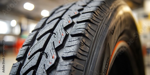 Close-up new winter tire tread in shop