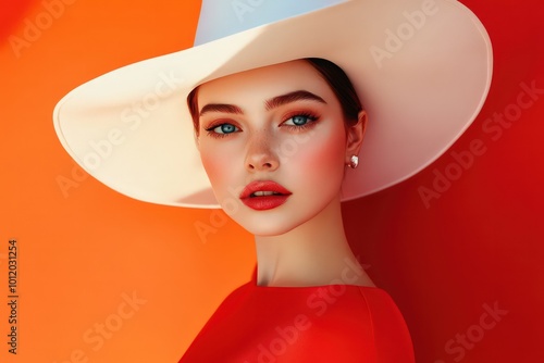 Wallpaper Mural Abstract art fashion photo of a beautiful blue-eyed woman wearing a white hat and red dress, set on an orange to red gradient background. This style is minimalistic surrealist Torontodigital.ca