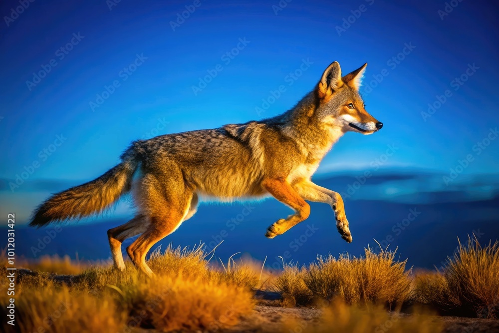 Coyote Running Swiftly Across Open Terrain in a Natural Landscape with Clear Blue Sky Above Coyote Running Swiftly Across Open Terrain in a Natural Landscape with Clear Blue Sky Above