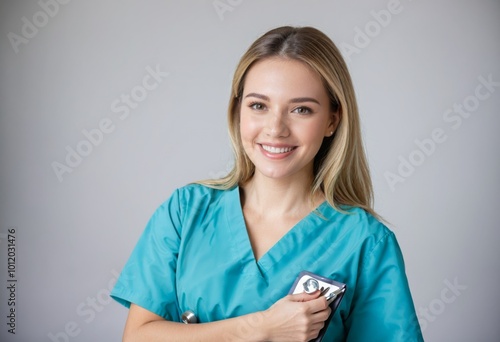 Portrait of a smiling female healthcare professional in scrubs, holding a clipboard.