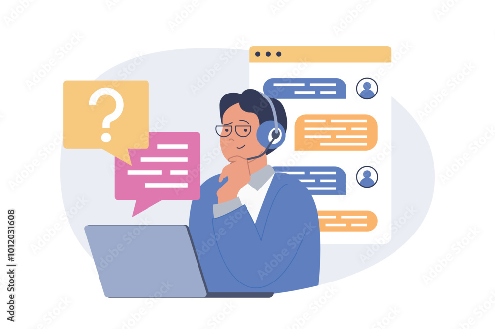 Contact us concept in modern flat design for web. Operator in headset answering in online chat for clients questions, solving problems, finding solutions, advicing for calling. Vector illustration. Contact us concept in modern flat design for web. Operator in headset answering in online chat for clients questions, solving problems, finding solutions, advicing for calling. Vector illustration.