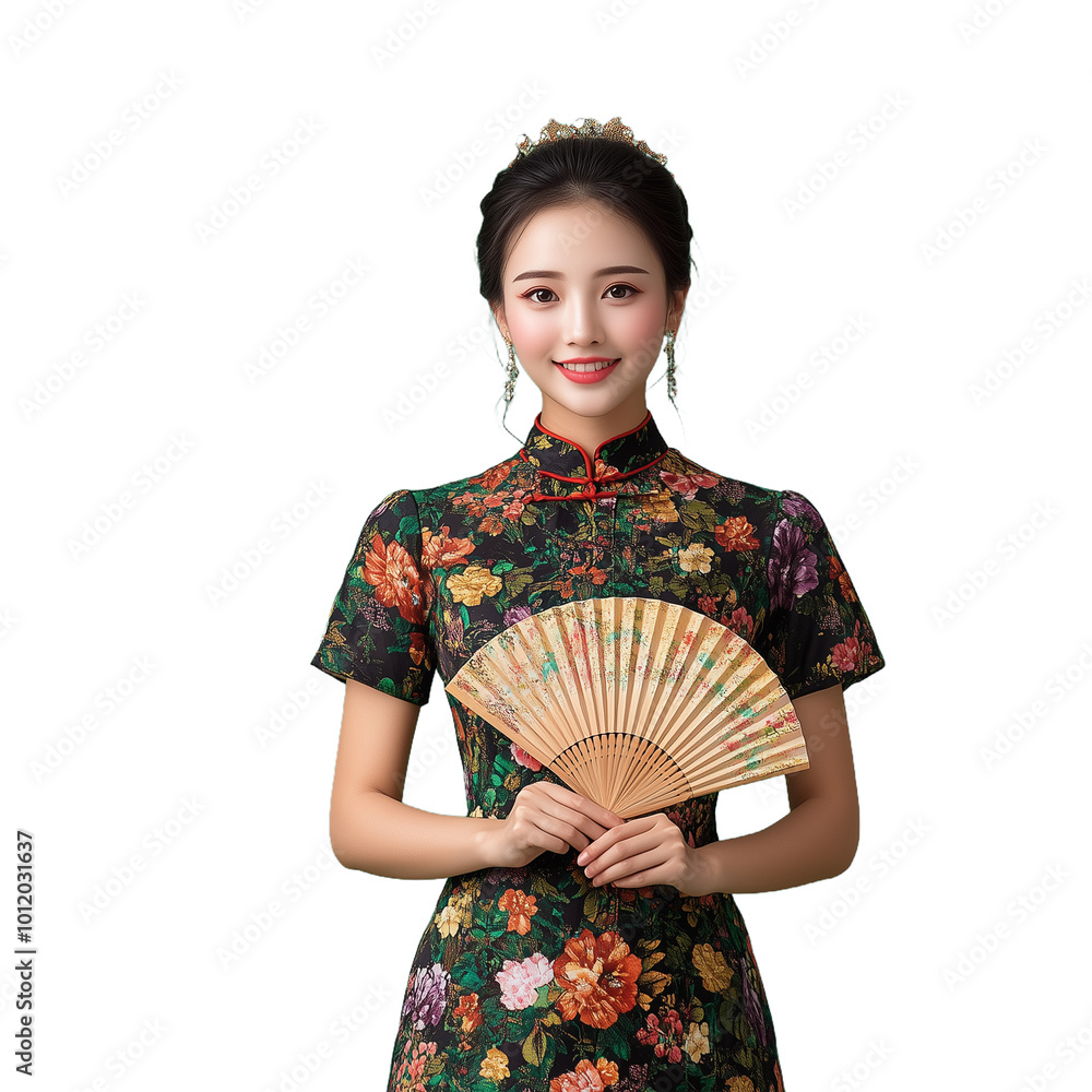 Young woman in floral traditional Chinese dress holding a fan, smiling in front of transparent background Young woman in floral traditional Chinese dress holding a fan, smiling in front of transparent background