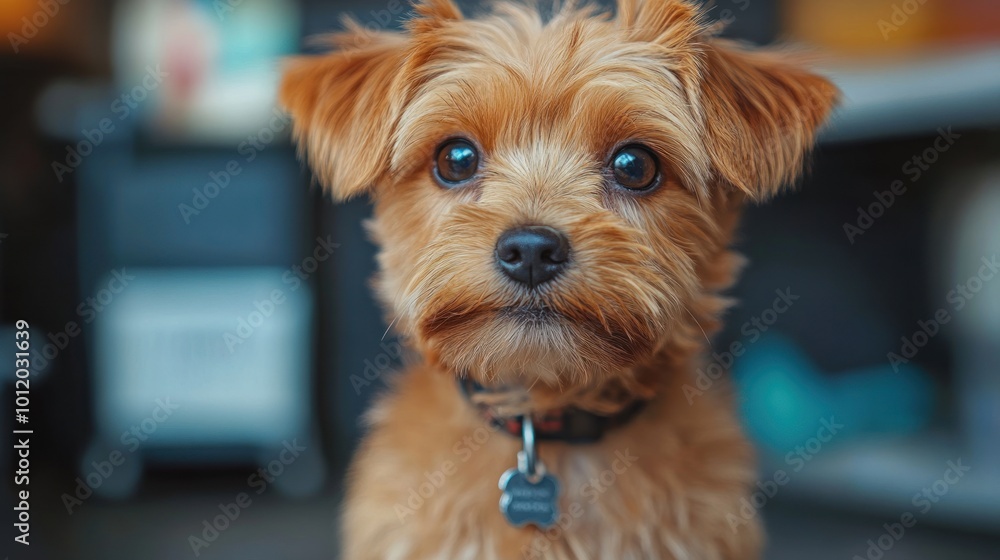 A small, brown dog with a black collar and a tag looks directly at the camera with big, brown eyes. A small, brown dog with a black collar and a tag looks directly at the camera with big, brown eyes.