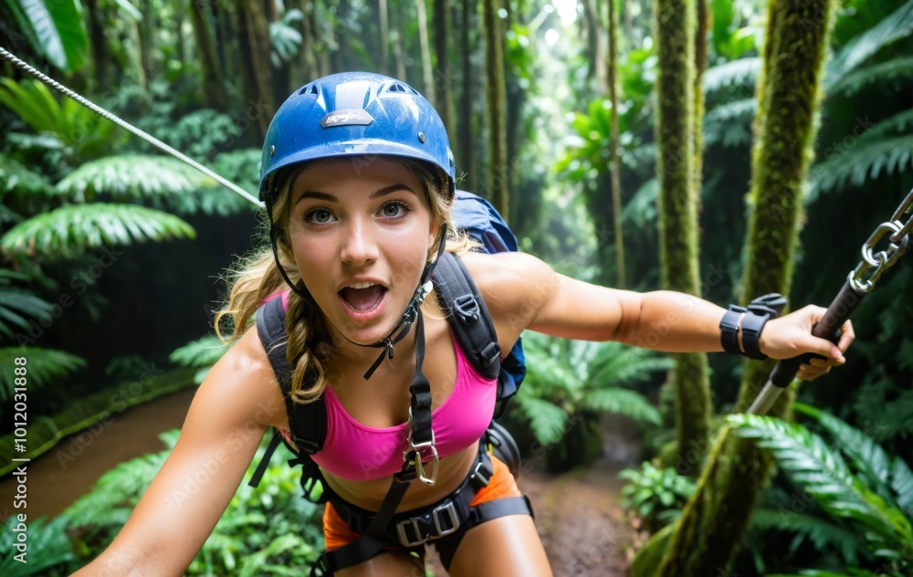 Portrait of an excited young woman enjoying a thrilling ziplining adventure through a dense rainforest. Portrait of an excited young woman enjoying a thrilling ziplining adventure through a dense rainforest.