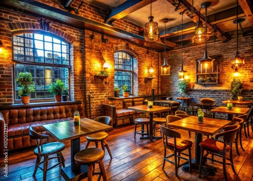 Cozy and Inviting Brick Wall Pub and Grill Interior with Warm Lighting and Rustic Decor Elements