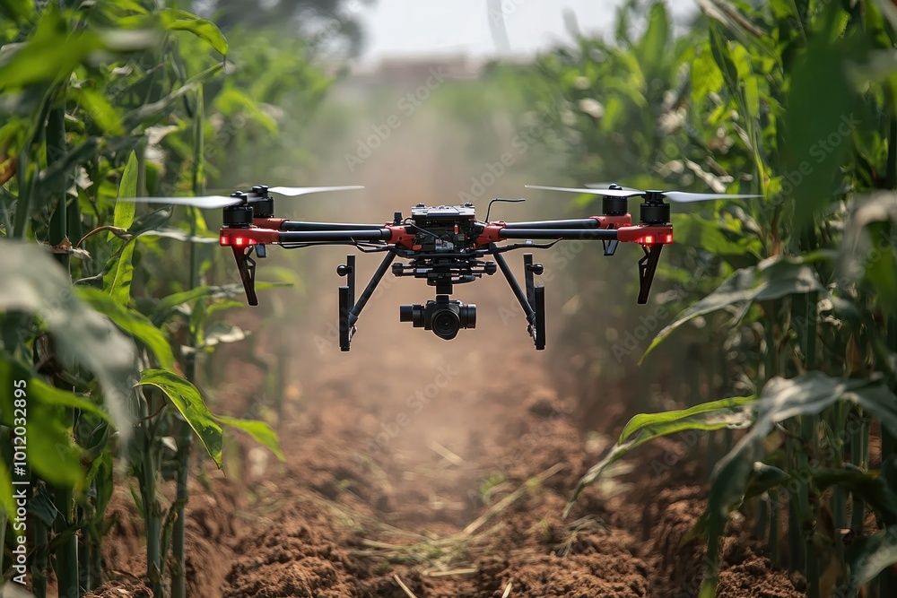 A drone flying through a field of corn, with the drone's camera pointed towards the ground. A drone flying through a field of corn, with the drone's camera pointed towards the ground.