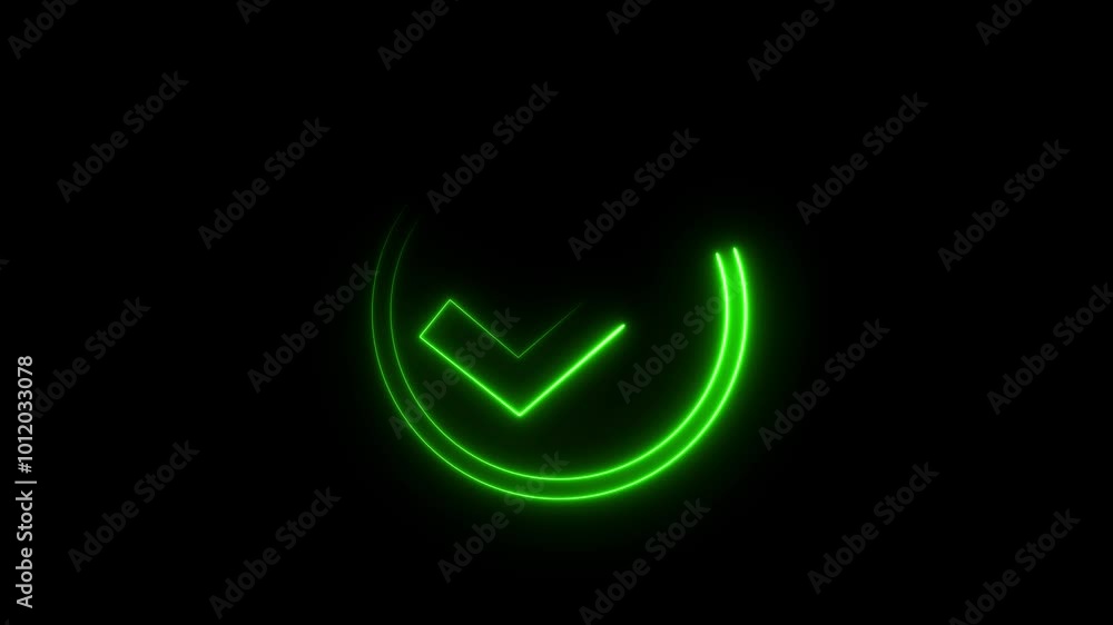 Glowing green chick mark. Neon green ok button animation on black background. Glowing green chick mark. Neon green ok button animation on black background.