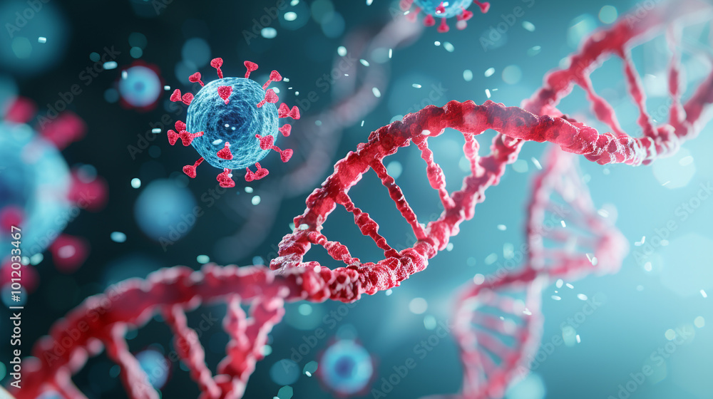 DNA Strand with Virus Particles Concept Art DNA Strand with Virus Particles Concept Art
