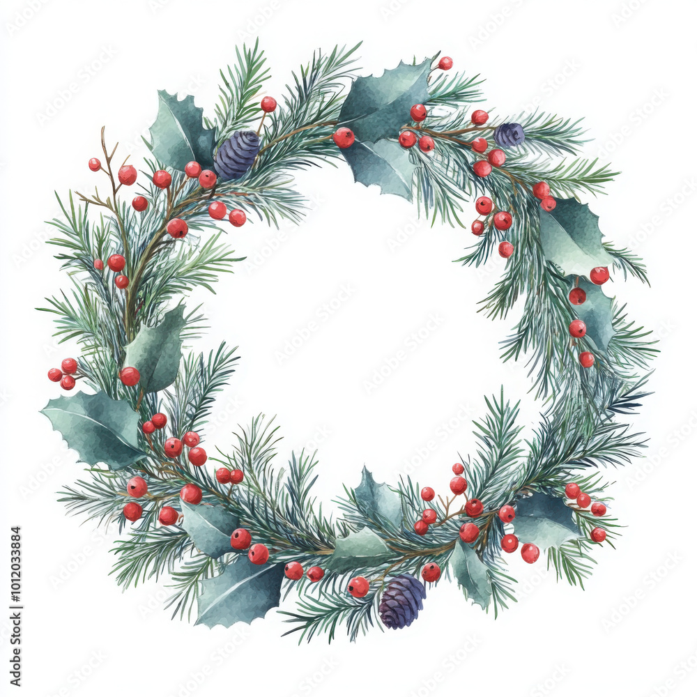 Watercolor round christmas frame with fir branches berry leaves plant herb winter flora isolated on white background. Botanical greenery holiday illustration for wedding invitation card design Watercolor round christmas frame with fir branches berry leaves plant herb winter flora isolated on white background. Botanical greenery holiday illustration for wedding invitation card design