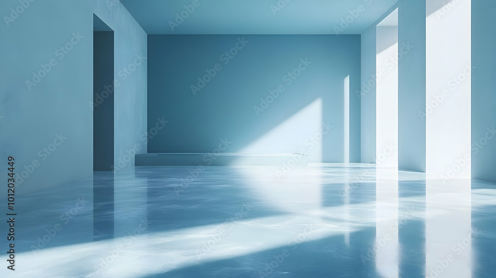 Abstract 3D Render of a Modern Minimalist Room with Light Blue Walls, White Windows, and a Reflective Floor Abstract 3D Render of a Modern Minimalist Room with Light Blue Walls, White Windows, and a Reflective Floor