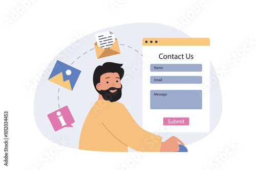 Contact us concept in modern flat design for web. Man has problem and questions, filling online form and sending email letter to support center for finding solution and help. Vector illustration.