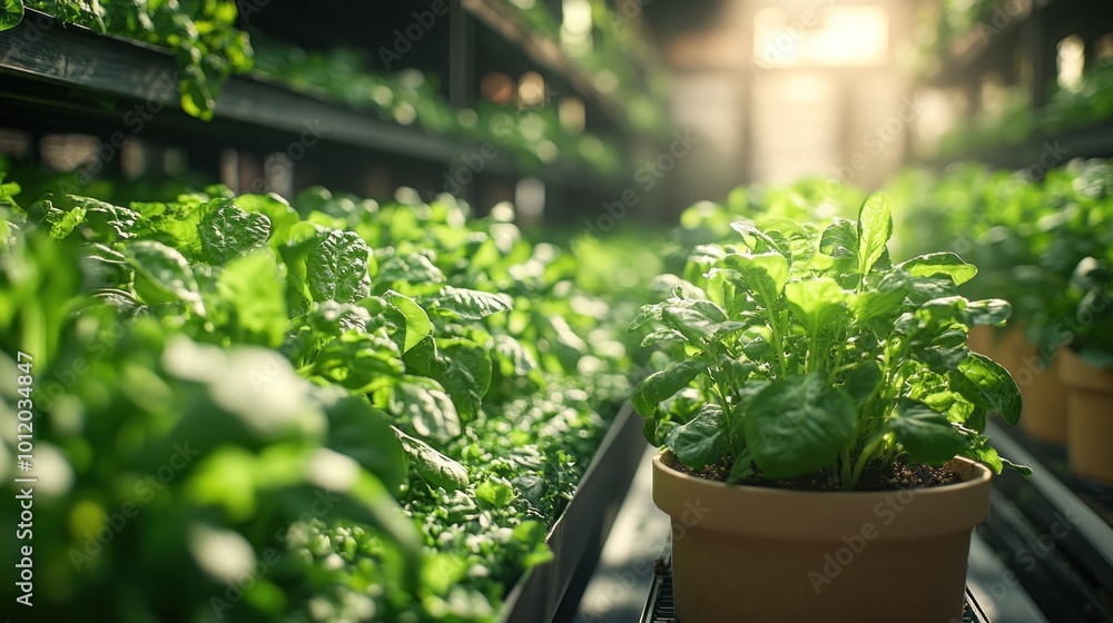 A close-up view of rows of green potted plants in a greenhouse, with the sun shining through the window in the background. A close-up view of rows of green potted plants in a greenhouse, with the sun shining through the window in the background.