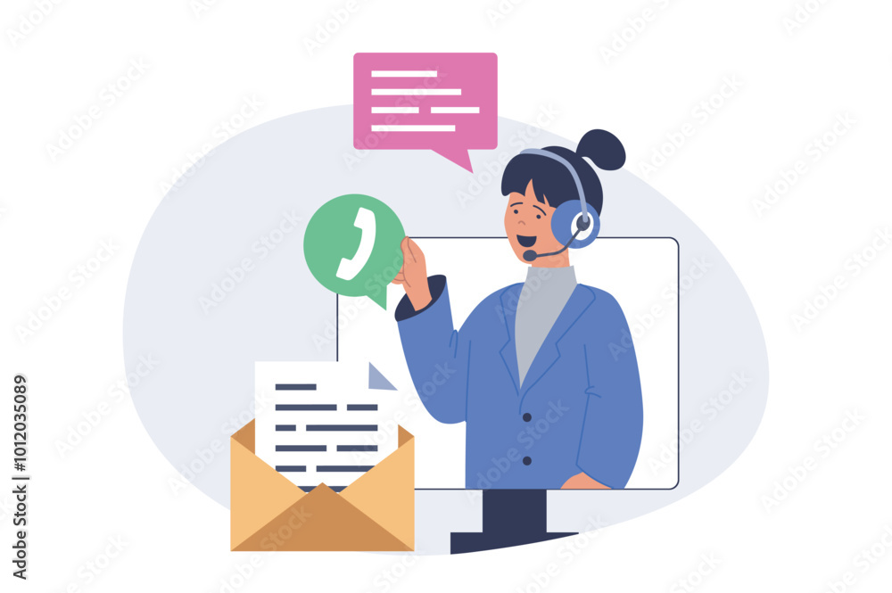 Contact us concept in modern flat design for web. Woman in headset answering calls, communicating with clients, helping and supporting customers, solving technical problems. Vector illustration. Contact us concept in modern flat design for web. Woman in headset answering calls, communicating with clients, helping and supporting customers, solving technical problems. Vector illustration.