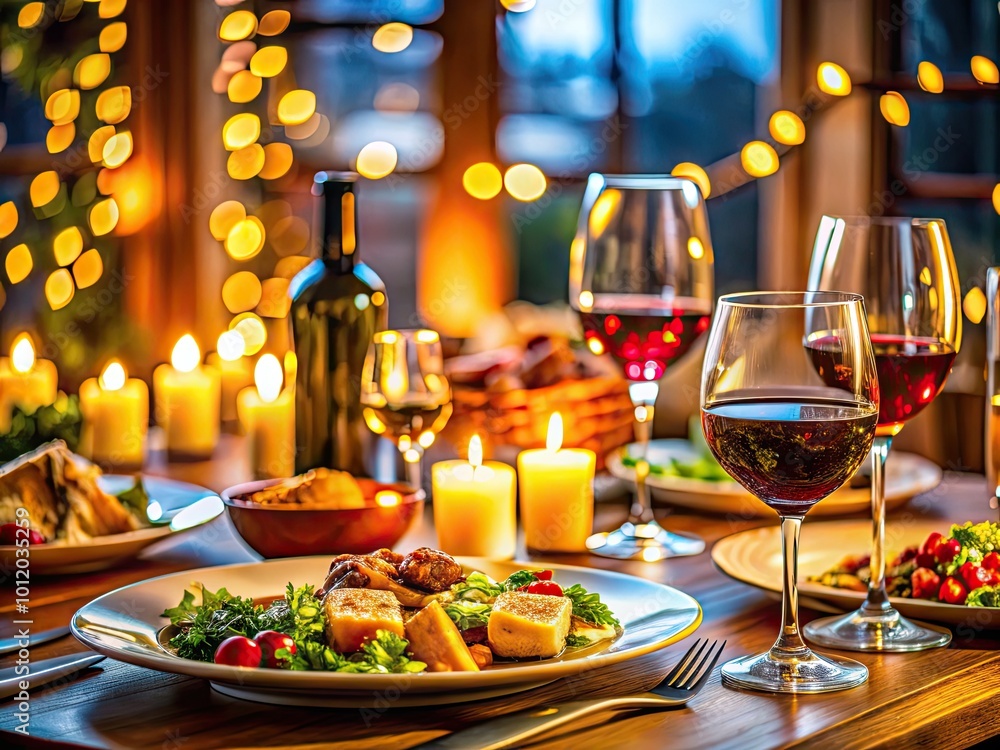 Cozy Dinner Table Setting with Delicious Food, Wine Glasses, and Warm Ambiance for Evening Meals Cozy Dinner Table Setting with Delicious Food, Wine Glasses, and Warm Ambiance for Evening Meals