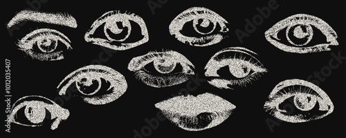 Eyes and mouth with retro photocopy effect for grunge punk y2k collage design. Pop art style negative monochrome dotted halftone stippled elements, grain texture. Vintage vector illustration