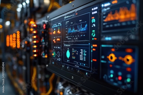 A close-up of a futuristic control panel with a glowing screen displaying graphs, data, and digital readouts.