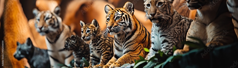 Obraz premium A captivating lineup of tiger and feline sculptures, captured in vibrant detail amidst lush greenery, showcasing intricate artistry.