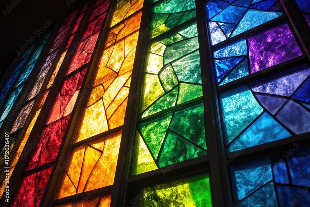 A stained glass effect with rainbow colors filling the different sections A stained glass effect with rainbow colors filling the different sections
