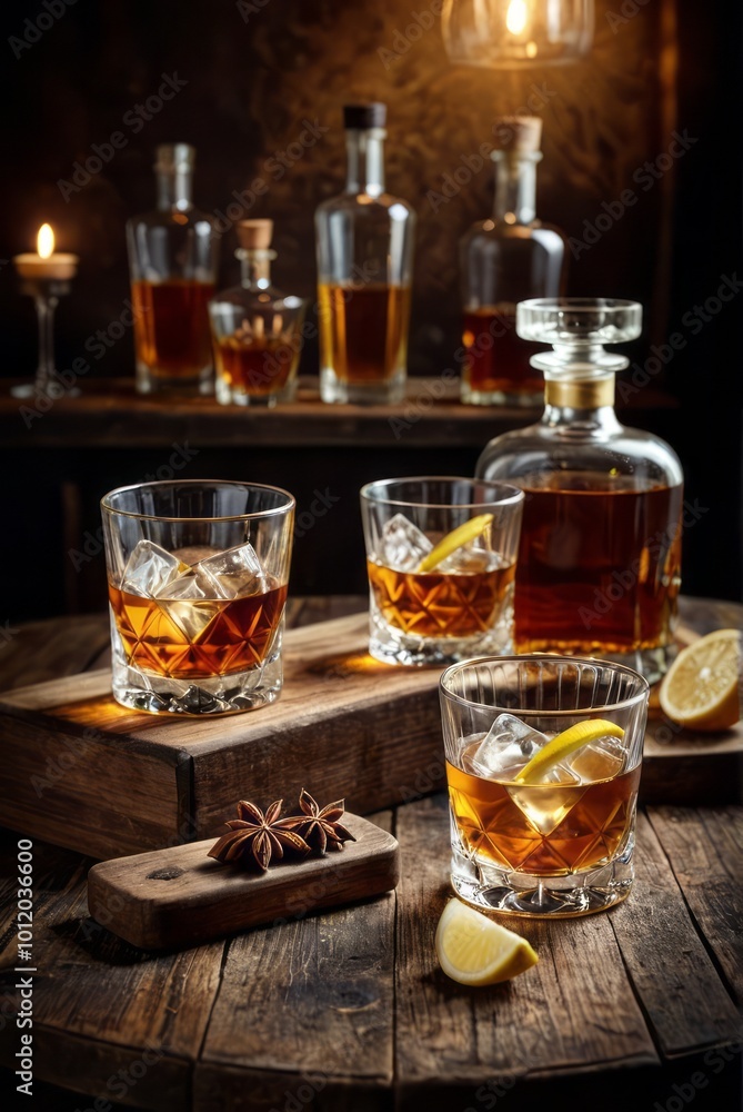 Selection of strong alcoholic drinks in glasses and shot glass in assortent: vodka rum cognac tequila brandy and whiskey dark vintage background selective focus drinks Selection of strong alcoholic drinks in glasses and shot glass in assortent: vodka rum cognac tequila brandy and whiskey dark vintage background selective focus drinks
