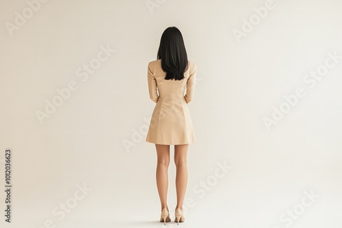 back view of Asian business woman in beige dress standing, beige heels, wide angle, studio