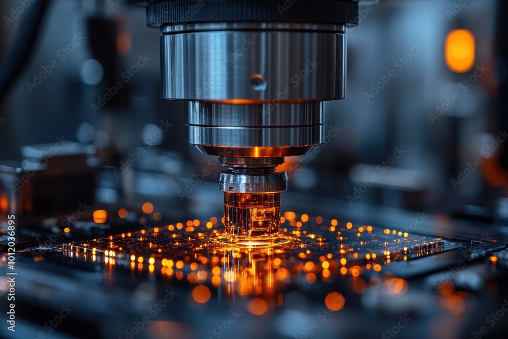 Close-up of a robotic arm inspecting a circuit board with a microscope. Close-up of a robotic arm inspecting a circuit board with a microscope.