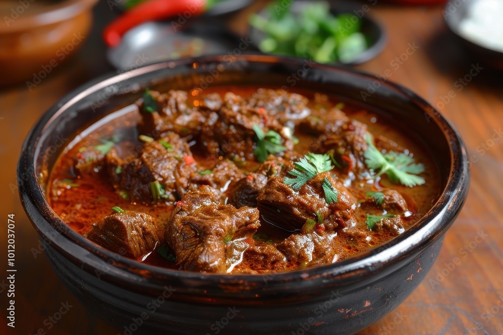 Delicious beef stew served in a traditional clay pot garnished with chili, sesame seeds, and fresh herbs in a cozy restaurant setting Delicious beef stew served in a traditional clay pot garnished with chili, sesame seeds, and fresh herbs in a cozy restaurant setting
