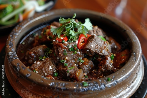 Delicious beef stew served in a traditional clay pot garnished with chili, sesame seeds, and fresh herbs in a cozy restaurant setting