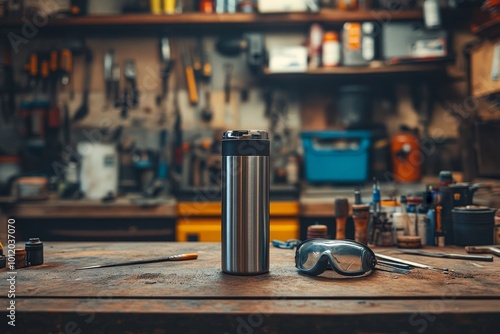Wallpaper Mural Metal thermos standing on cluttered workshop table featuring tools, safety goggles, and materials. Background showcasing various objects, adding to the cluttered workspace, Generative AI Torontodigital.ca