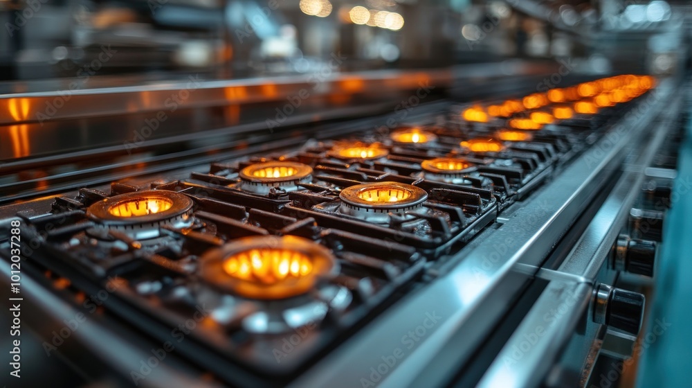 A row of gas burners on a commercial kitchen stovetop, with flames burning. A row of gas burners on a commercial kitchen stovetop, with flames burning.