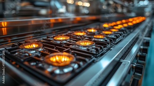 A row of gas burners on a commercial kitchen stovetop, with flames burning.