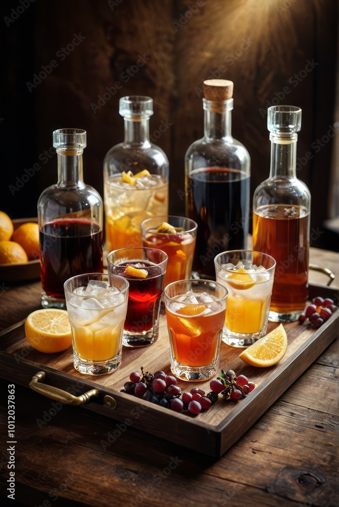 Different alcohol drinks set on a tray drinks Different alcohol drinks set on a tray drinks