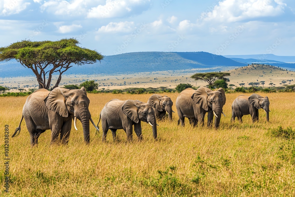 Obraz premium A herd of elephants strolls across the vast savannah under a clear blue sky, with mountains and acacia trees in the distance.