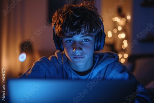 Portrait of teenage boy playing video games online on laptop with wireless headset at night in dimly lit room, Generative AI