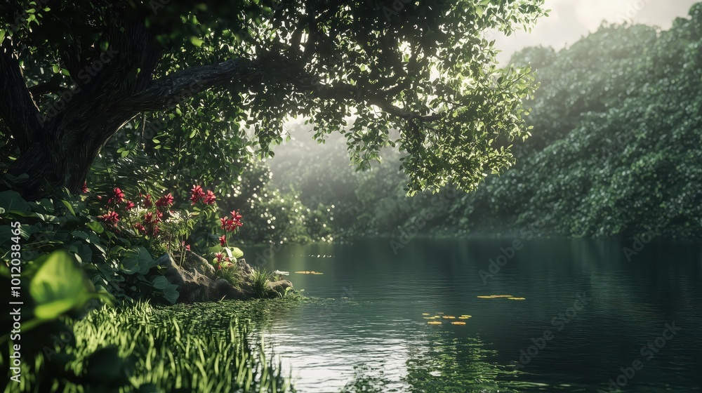 Fototapeta premium A wide river flows through a green forest under a cloudy sky.