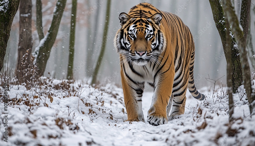 Obraz premium Majestic Siberian tiger gracefully traversing a snowy landscape showcasing the beauty of wildlife in its natural habitat.