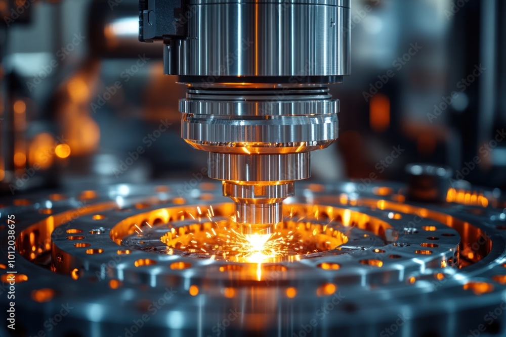 Close-up of a metalworking machine cutting a metal part with sparks flying. Close-up of a metalworking machine cutting a metal part with sparks flying.