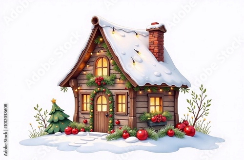 Illustration. Fairytale wooden house in the forest, decorated with New Year's garlands