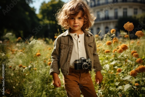 Young boy with professional camera in a vibrant park capturing nature s beauty and light photo