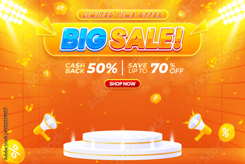 Gradient big sale promo banner design template with podium to promote your business