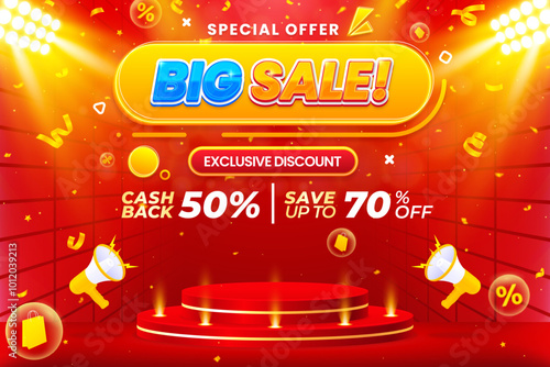 Colorful big sale banner template with podium to promote your business
