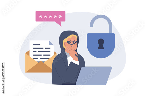 Cyber security concept in modern flat design for web. Hacker trying unlocking password and getting access to private information, making virus attacks to servers or accounts. Vector illustration.