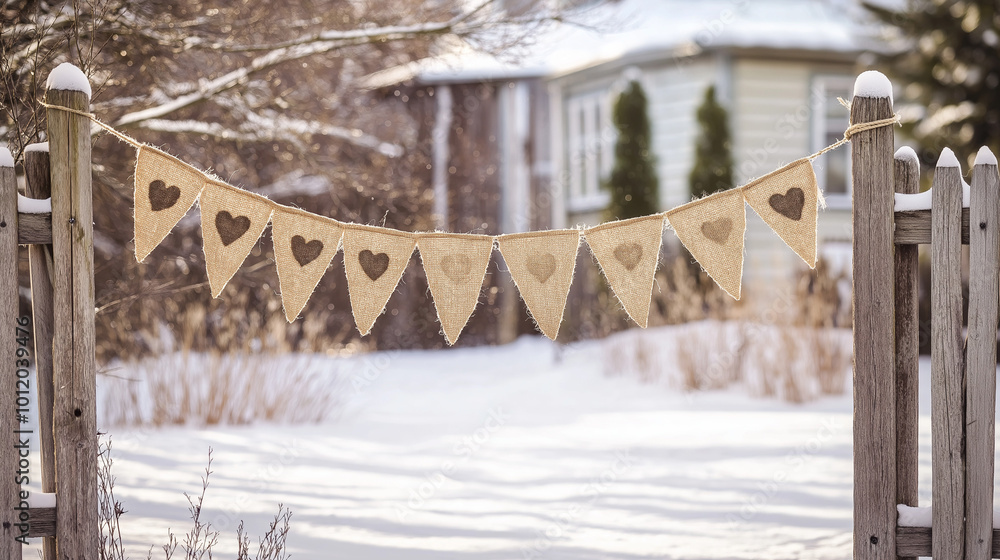 Obraz premium Burlap heart bunting in snowy backyard
