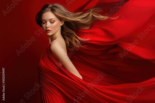 Beautiful woman in a red dress, dynamic pose, red background, long exposure, flowing fabric, studio lighting, elegant, luxurious look