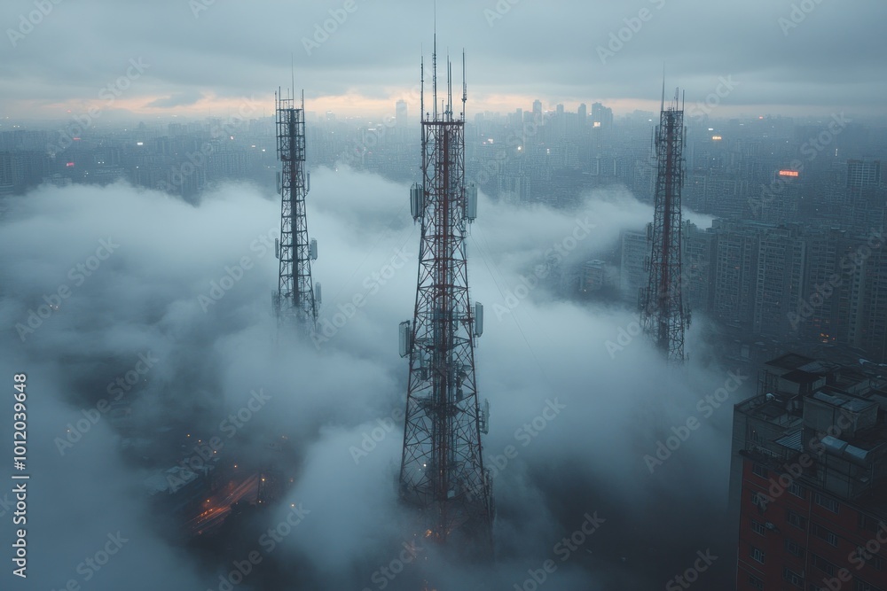 Three tall communication towers pierce through a thick layer of fog, with a city skyline in the background. Three tall communication towers pierce through a thick layer of fog, with a city skyline in the background.