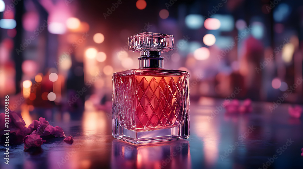 Glass Perfume Bottle with Diamond Pattern on Dark Background with Bokeh Lights, 3d Illustration Glass Perfume Bottle with Diamond Pattern on Dark Background with Bokeh Lights, 3d Illustration