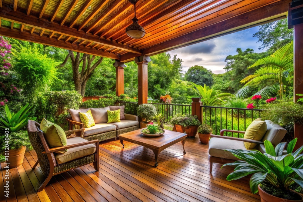 Obraz premium Cozy wooden veranda with comfortable seating, green plants, and a view of a serene garden landscape
