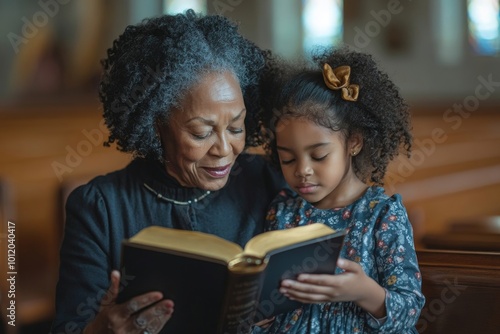 High angle view of grandmother reading Bible while sitting on bench with her granddaughter in church, they praying together, Generative AI