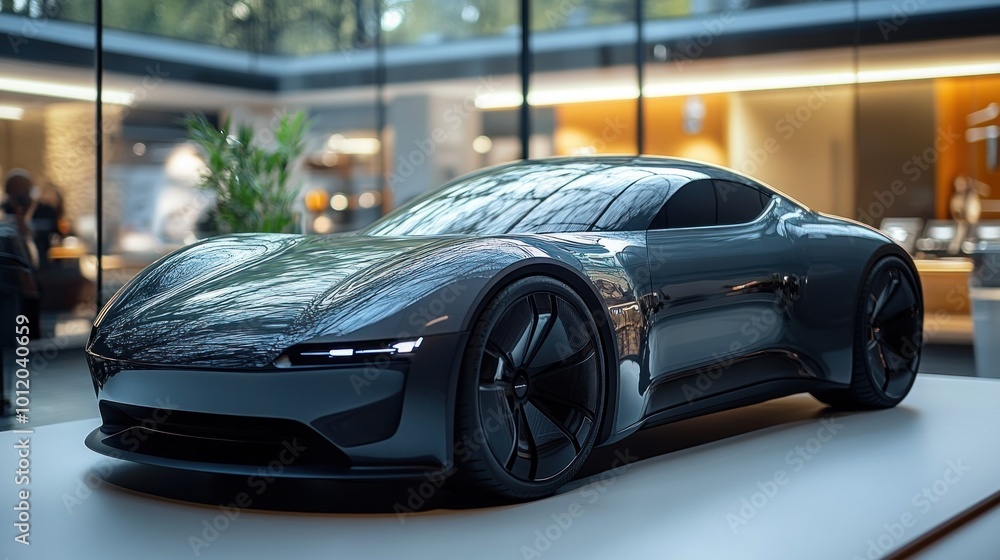 A sleek, black sports car on display, showcasing its futuristic design and aerodynamic lines. A sleek, black sports car on display, showcasing its futuristic design and aerodynamic lines.