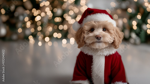 Cute maltipoo wearing Santa Claus clothes during a cheerful holiday celebration photo