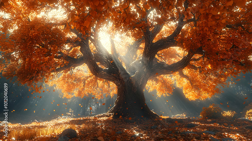 Autumn Tree with Sunbeams Illustration